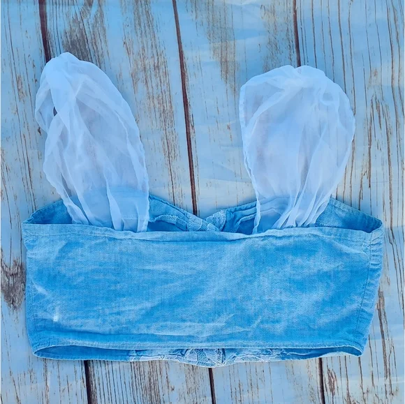 Vintage 80's 90's Brooks Atelier Baby Blue Lace Crop Top | Medium - Picture 3 of 5